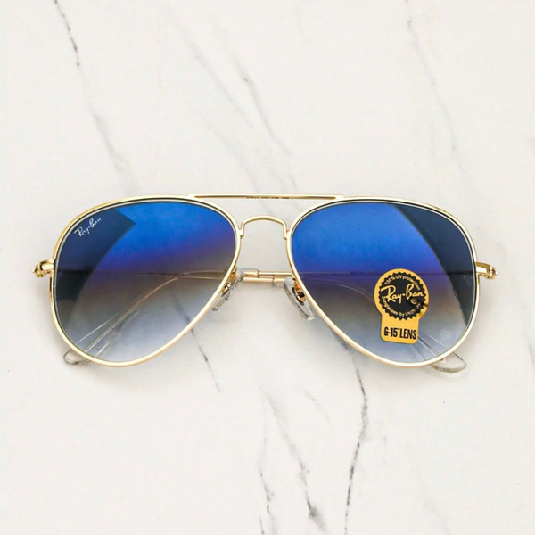 RAY-BAN Blue Shaded & Gold 3026 Aviator Causal Latest Sunglass For Unisex.